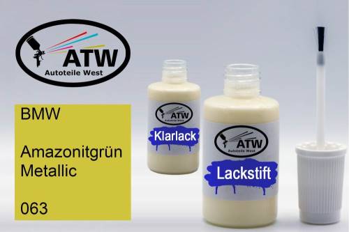 BMW, Amazonitgrün Metallic, 063: 20ml Lackstift + 20ml Klarlack - Set, von ATW Autoteile West.